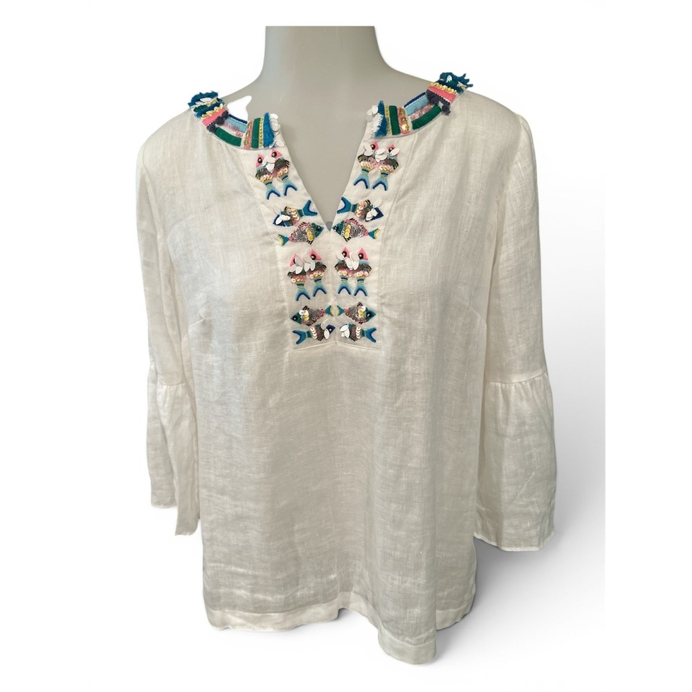 Talbots Petites SP 100% Linen Fish Embroidered Sequin Coastal Tunic Top
